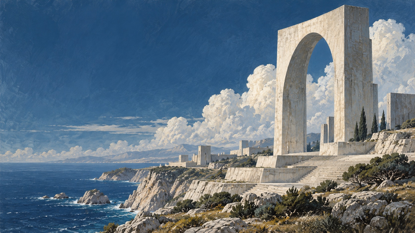 Painted monumental stone arch above a blue coastal landscape
